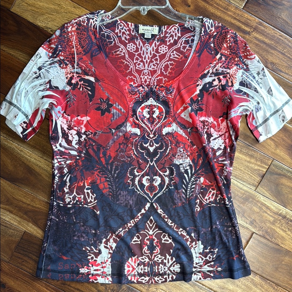 ONE WORLD - Women’s Large- Red and Navy Patterned Top